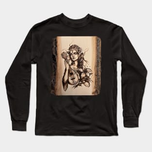 Elf bard - pyrography print - wood texture Long Sleeve T-Shirt